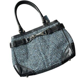 Coach Hamptons Herringbone Tweed Carryall Satchel F11215 Blue Black Leather Y2K
